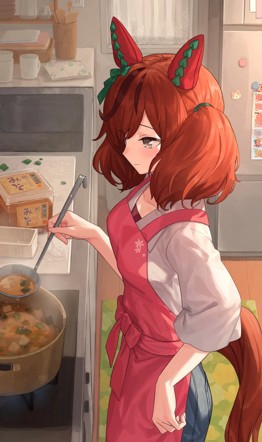 1girl apron bangs blush box breasts chorefuji closed_mouth collarbone container cooking cup cutting_board food from_side grey_eyes highres holding holding_ladle horse_girl horse_tail indoors ladle looking_down nice_nature_(umamusume) pants pink_apron pot refrigerator shirt sink smile solo standing steam tail twintails umamusume wooden_spoon