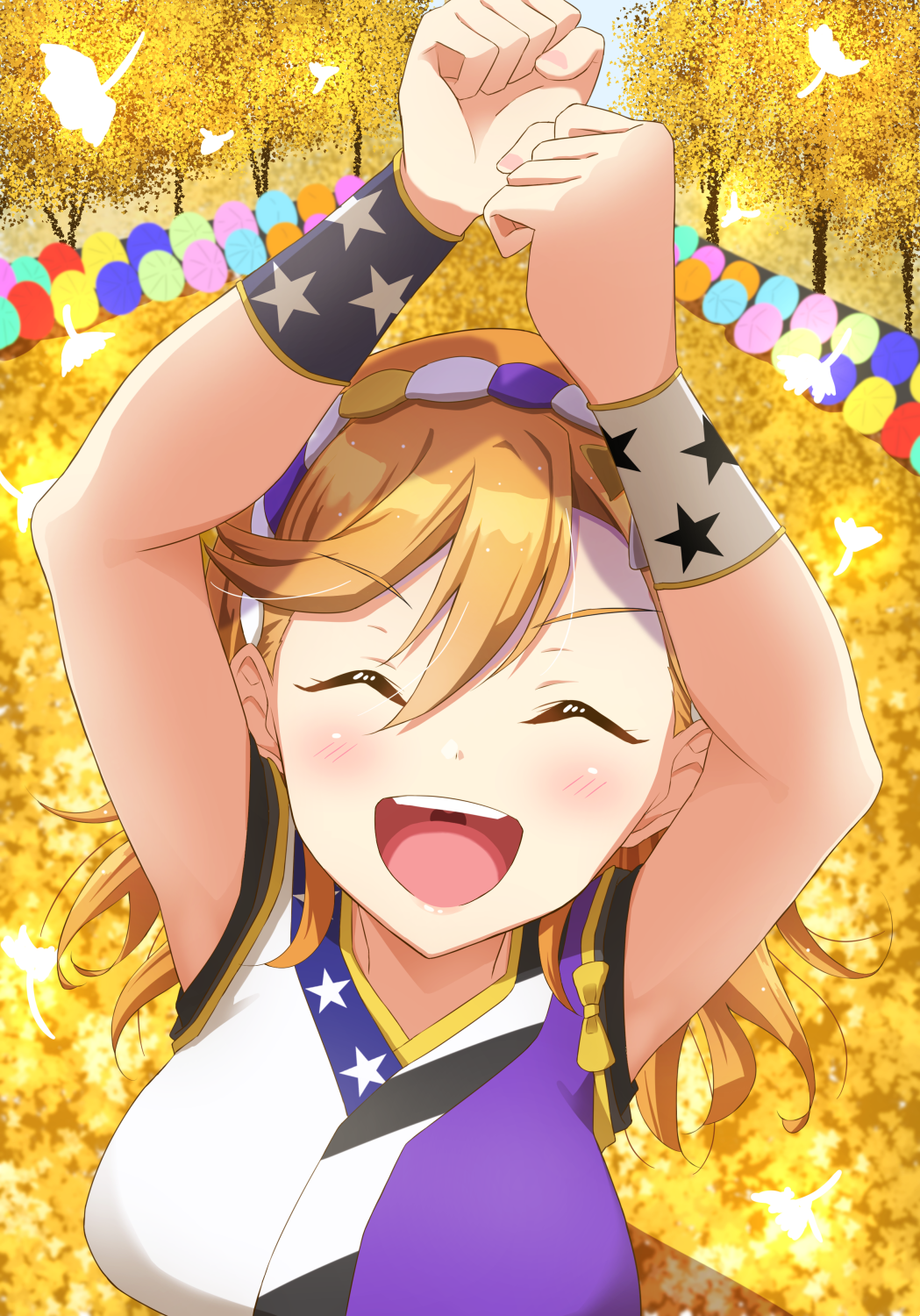 1girl arms_up autumn_leaves bangs blush breasts chance_day_chance_way! closed_eyes commentary hairband highres japanese_clothes large_breasts long_hair love_live! love_live!_superstar!! open_mouth qy73 shibuya_kanon shouting sleeveless solo tree upper_body wristband