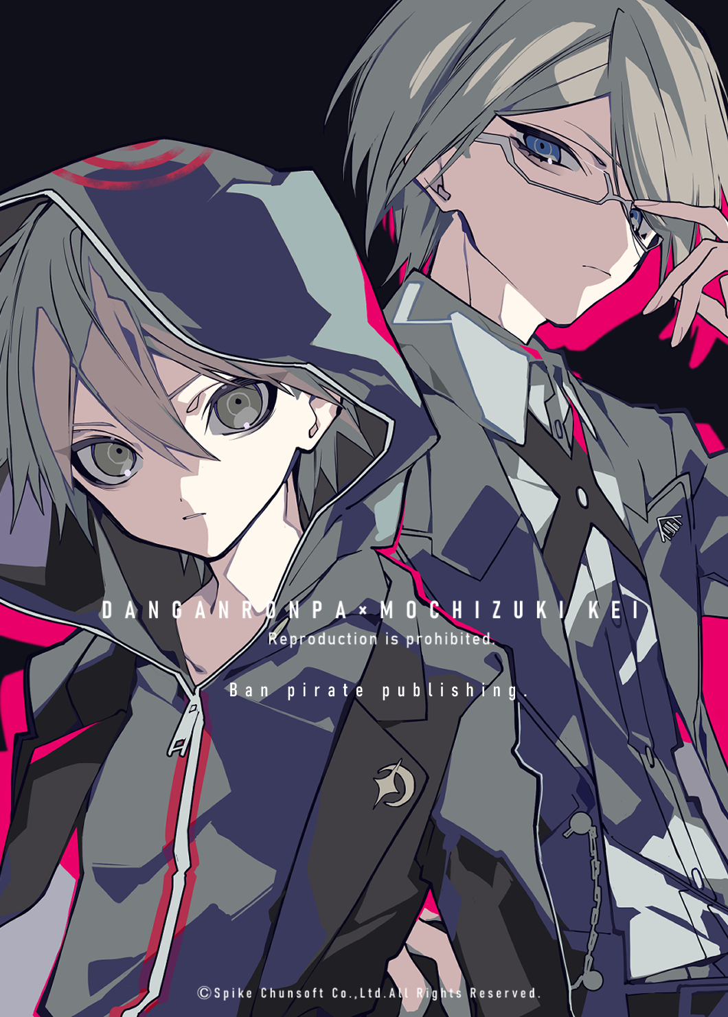 2boys bangs black_background black_jacket blonde_hair brown_eyes brown_jacket closed_mouth collared_shirt commentary_request copyright_name danganronpa:_trigger_happy_havoc danganronpa_(series) dress_shirt glasses grey_shirt hair_between_eyes hand_up highres hood hood_up hooded_jacket jacket long_sleeves mochizuki_kei multiple_boys naegi_makoto pants semi-rimless_eyewear shirt shirt_tucked_in short_hair simple_background togami_byakuya upper_body watermark