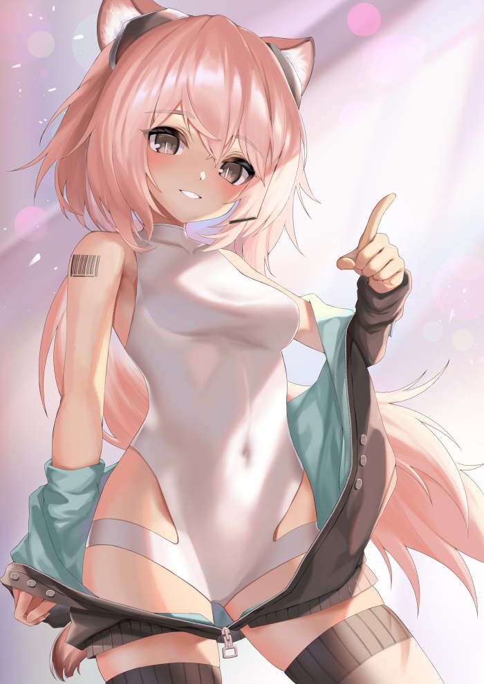 1girl :d animal_ear_fluff animal_ears arknights barcode barcode_tattoo bare_shoulders black_jacket black_legwear breasts bright_pupils brown_eyes covered_navel cowboy_shot ehart eyebrows_visible_through_hair gravel_(arknights) grin index_finger_raised jacket lens_flare leotard long_hair long_sleeves looking_at_viewer low_ponytail off_shoulder open_clothes open_jacket parted_lips pink_hair shoulder_tattoo small_breasts smile solo tattoo thigh-highs unzipped very_long_hair white_leotard zipper_pull_tab