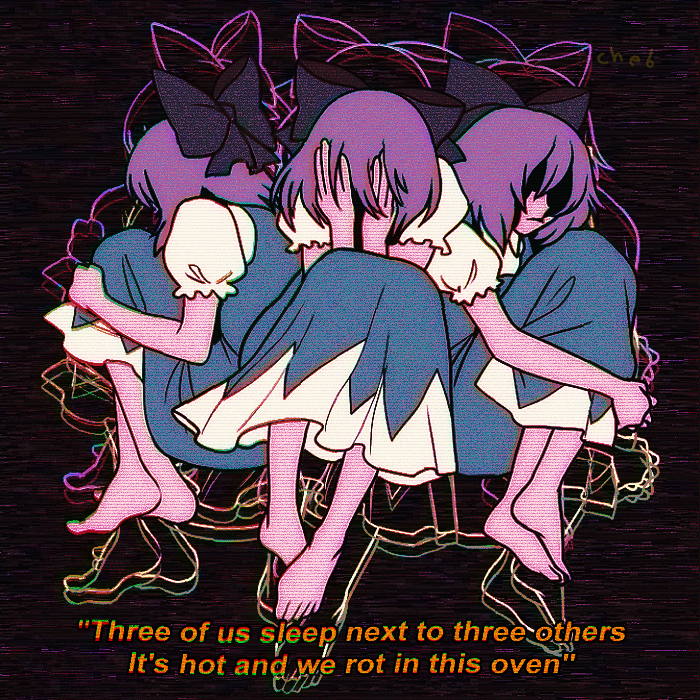 3girls artist_name barefoot black_background blue_dress bow chromatic_aberration cirno clone covering_eyes covering_face crossed_ankles dress english_text facing_viewer fetal_position from_side full_body hair_bow hair_over_eyes hugging_own_legs medium_hair multiple_girls pinafore_dress puffy_short_sleeves puffy_sleeves purple_hair scanlines shaded_face shirt short_sleeves skullchimes subtitled touhou white_shirt