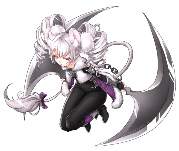 1girl animal_ears drill_hair dual_wielding elin full_body holding long_hair nipuni non-web_source pom_pom_(clothes) reaper_(tera_online) scythe solo tera_online transparent_background tumblr_username twin_drills violet_eyes web_address