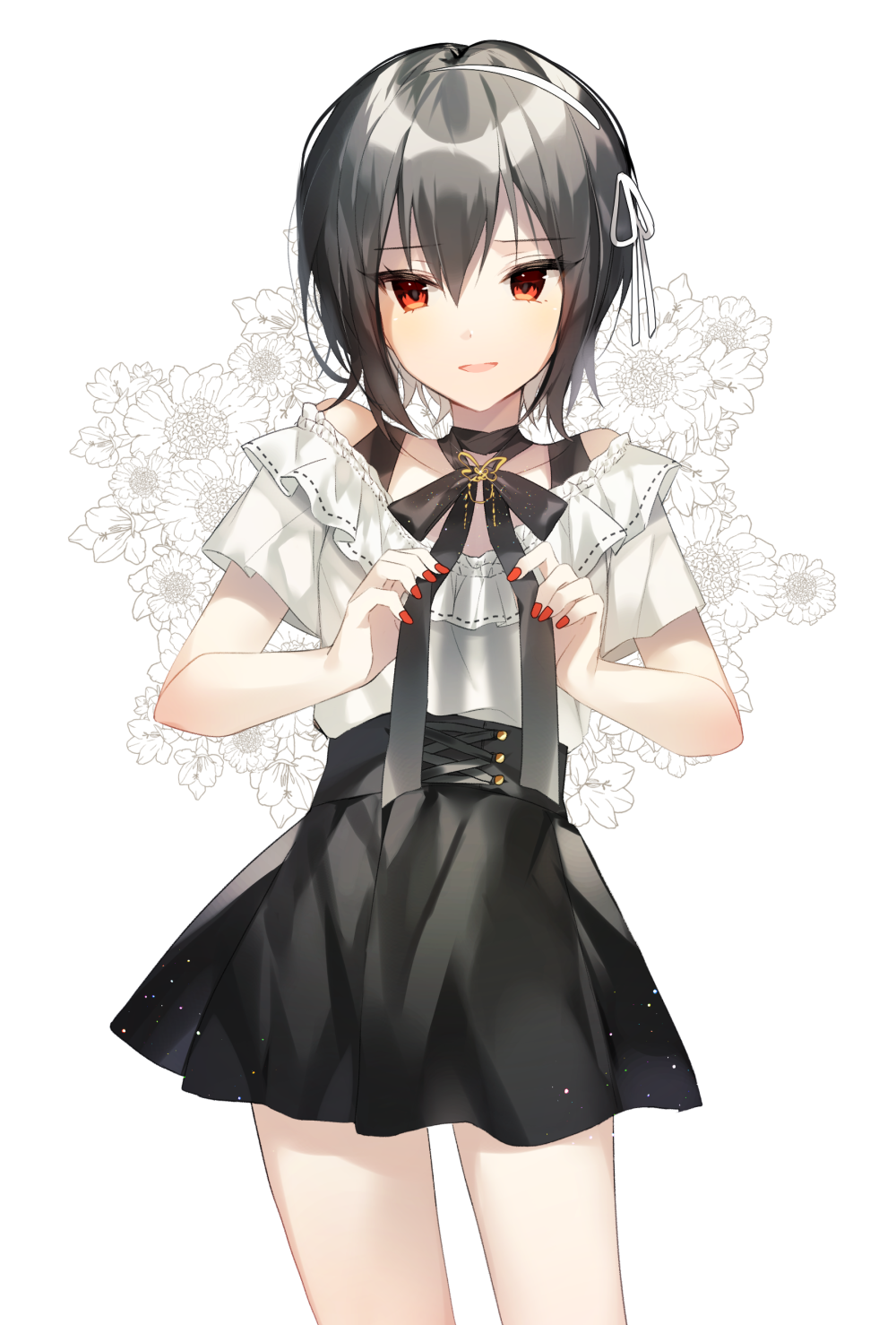 1girl black_bow black_bowtie black_hair black_skirt bow bowtie commentary floral_background flower hair_ribbon hairband highres looking_at_viewer nail_polish off-shoulder_shirt off_shoulder open_mouth original red_eyes red_nails ribbon shirt short_sleeves skirt smile solo symbol-only_commentary white_background white_flower white_hairband white_ribbon white_shirt yuhi_(hssh_6)