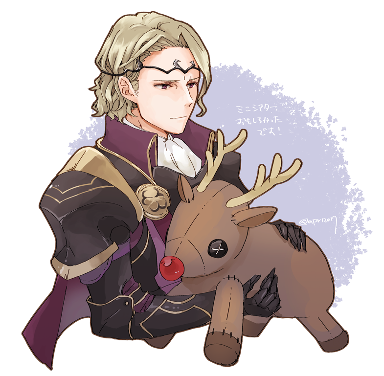 1boy armor blonde_hair cape circlet closed_mouth cropped_torso fire_emblem fire_emblem_fates gauntlets hair_intakes male_focus purple_cape red_eyes robaco short_hair shoulder_armor solo stuffed_animal stuffed_reindeer stuffed_toy twitter_username white_background xander_(fire_emblem)