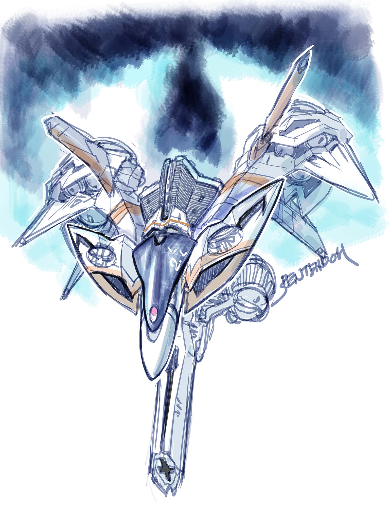 cannon concept_art delta_saber flying highres no_humans official_art production_art project_sylpheed science_fiction sketch spacecraft starfighter vehicle_focus yonemura_kouichirou