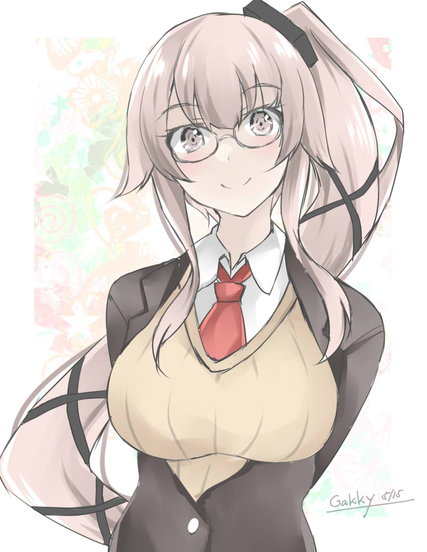 1girl alternate_costume arms_behind_back bespectacled black_jacket blazer breasts gakky glasses hair_ribbon jacket kantai_collection large_breasts long_hair necktie one-hour_drawing_challenge pink_eyes pink_hair ponytail red_necktie ribbon smile solo sweater_vest upper_body very_long_hair yura_(kancolle)