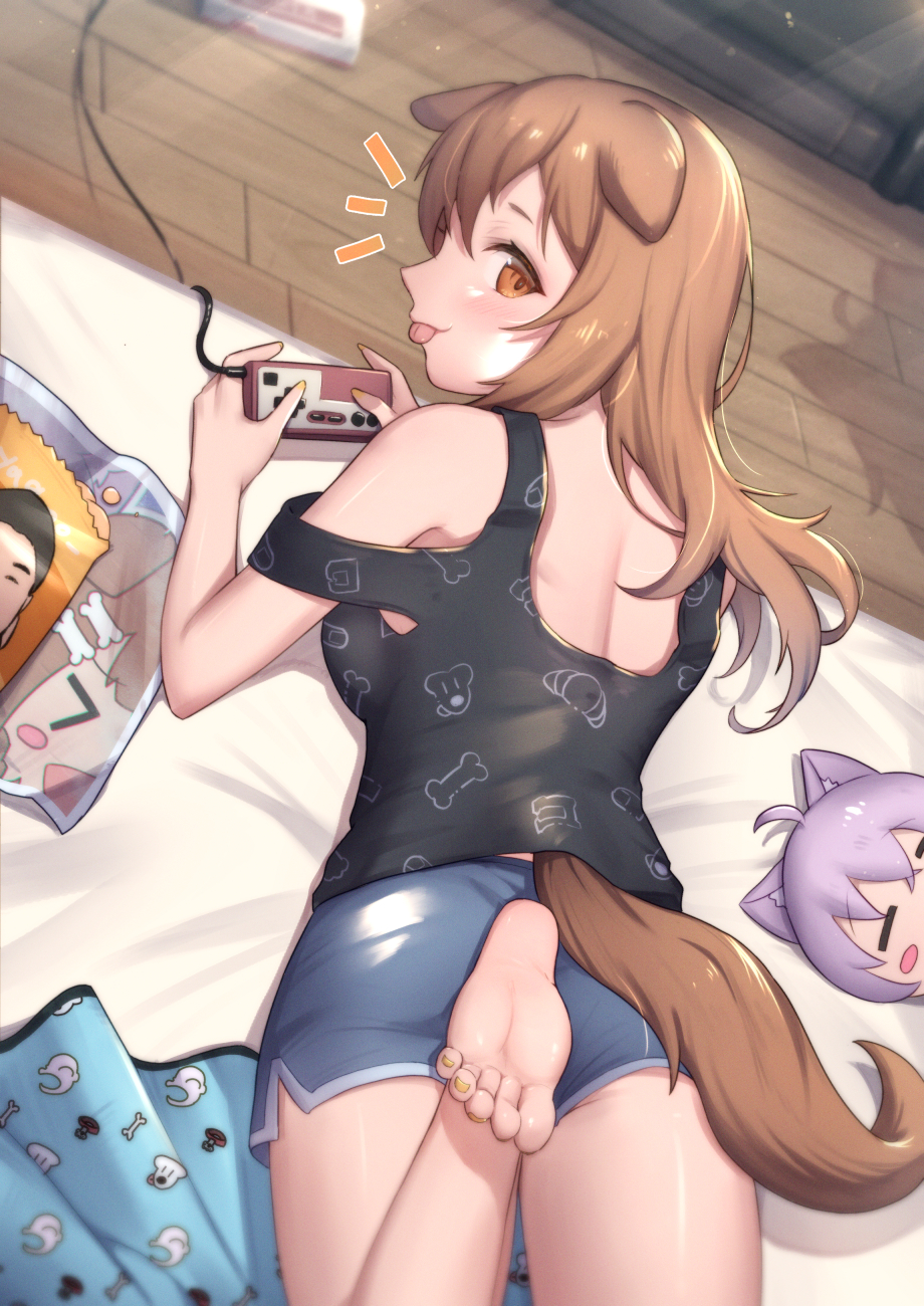 1girl animal_ears animal_print ass bare_shoulders barefoot bone_print breasts brown_eyes brown_hair denim denim_shorts dog_ears dog_girl dog_print dog_tail doll famicom_gamepad from_behind highres hololive inugami_korone long_hair lying on_stool playing_games short_shorts shorts smile soles tail tank_top thighs tongue tongue_out uneg virtual_youtuber