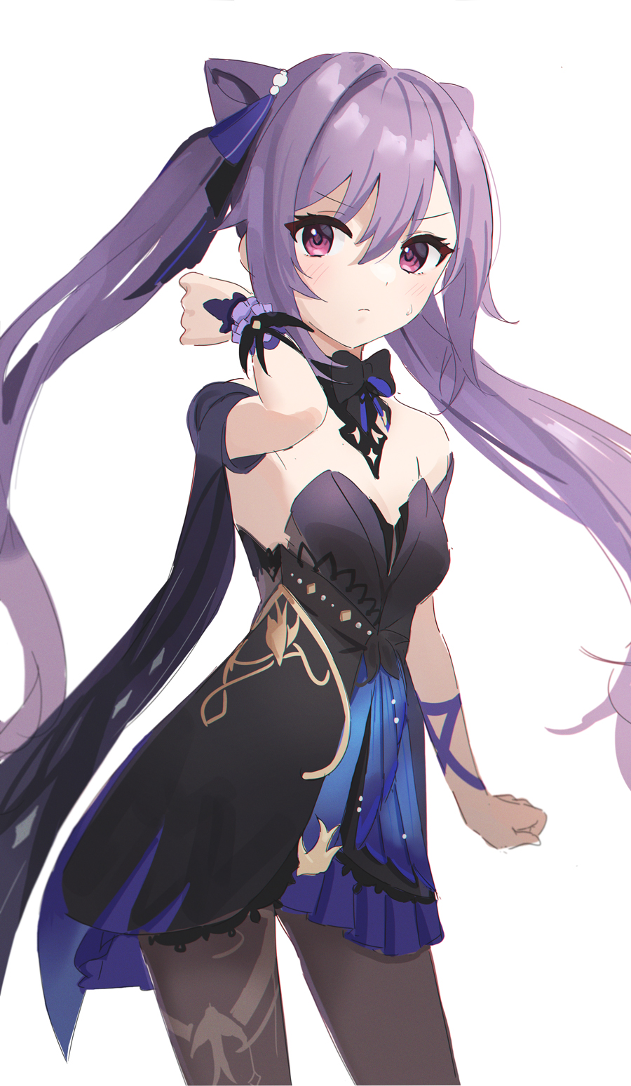 1girl arm_up bare_shoulders black_bow black_dress bow bracelet breasts brown_legwear closed_mouth cowboy_shot detached_sleeves dress frown genshin_impact hair_cones highres jewelry keqing_(genshin_impact) keqing_(opulent_splendor)_(genshin_impact) long_hair looking_at_viewer minn_(kangjm1107) pantyhose purple_hair short_dress simple_background small_breasts solo standing strapless strapless_dress sweatdrop twintails v-shaped_eyebrows violet_eyes white_background