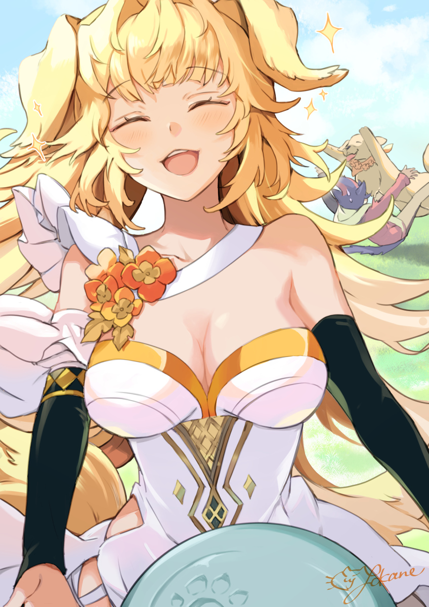 1boy 1girl animal_ears artist_request bare_shoulders blonde_hair breasts collarbone cu_sith_(destiny_child) destiny_child dog dog_ears dog_girl dog_tail dress flower frisbee golden_retriever happy highres large_breasts long_hair sky smile star_(symbol) tail white_dress