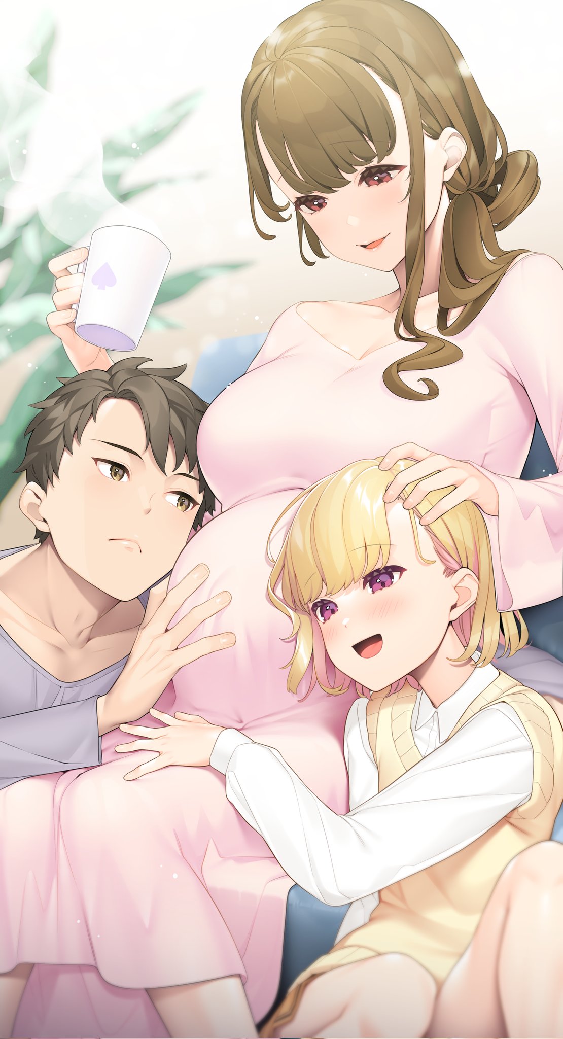 1boy 2girls :d age_difference blonde_hair blurry blush boy_and_girl_sandwich breasts brown_hair character_request collarbone cup depth_of_field dress dress_shirt giuniu hair_rings hand_on_another's_head hand_on_another's_stomach hand_on_another's_thigh highres holding holding_cup katsuragi_ayako large_breasts long_sleeves mature_female mug multiple_girls musume_janakute_mama_ga_suki_nano!? pink_dress pleated_skirt ponytail pregnant sandwiched school_uniform second-party_source shirt short_hair single_sidelock sitting skirt smile spade_(shape) sweater_vest violet_eyes white_shirt yellow_sweater_vest