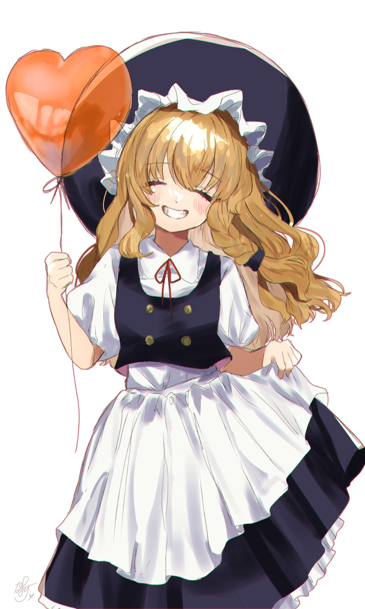 1girl alternate_hair_color apron balloon bangs black_dress black_headwear blush bow bowtie braid breasts brown_hair buttons closed_eyes closed_mouth collared_shirt commentary_request dress eyebrows_visible_through_hair eyes_visible_through_hair frills hair_between_eyes hair_ornament hat heart heart_balloon highres kirisame_marisa light_brown_hair medium_breasts puffy_short_sleeves puffy_sleeves red_bow red_bowtie shirt short_sleeves signature simple_background single_braid smile solo standing teeth touhou uchisaki_himari wavy_hair white_apron white_background white_shirt witch_hat
