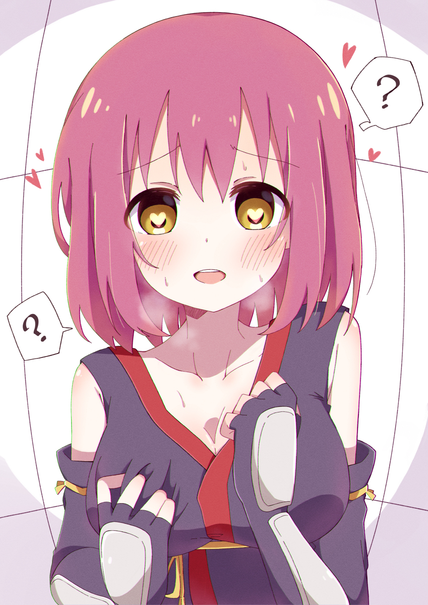 ? blush breast_grab breath commentary_request grabbing heart heart-shaped_pupils highres mesushio minamoto_momo ninja pink_hair release_the_spyce symbol-shaped_pupils