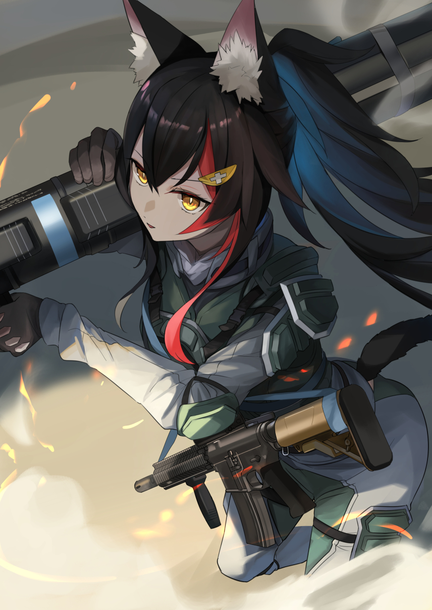 1girl animal_ear_fluff bangs black_hair bodysuit brown_gloves from_above gloves green_bodysuit grey_bodysuit gun hair_between_eyes highres holding holding_gun holding_weapon hololive long_hair long_sleeves looking_away multicolored_hair ookami_mio parted_lips ponytail redhead rifle rocket_launcher solo sora_no_tori speech_bubble streaked_hair tail tail_through_clothes virtual_youtuber weapon wolf_girl wolf_tail yellow_eyes