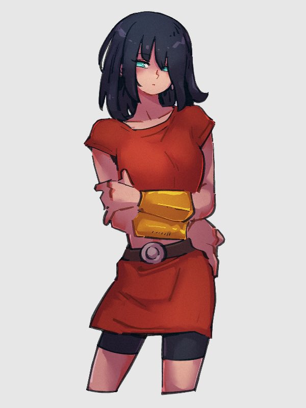 1girl alternate_hairstyle aqua_eyes bike_shorts closed_mouth dragon_ball dragon_ball_super grey_background hair_down kale_(dragon_ball) kemachiku looking_at_viewer red_shirt red_skirt shirt short_hair simple_background skirt solo