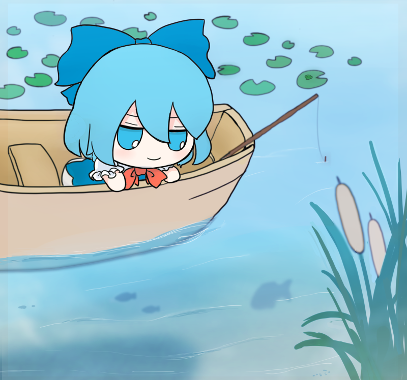 1girl bangs blue_bow blue_eyes blue_hair bow bowtie cirno closed_mouth fish fishing fishing_rod fumo_(doll) hair_bow lily_pad looking_at_viewer outdoors red_bow red_bowtie reeds rei_(tonbo0430) short_hair smile solo touhou water watercraft