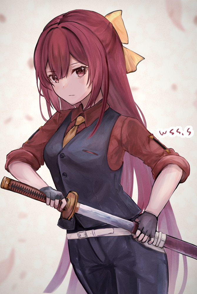 1girl alternate_costume artist_name belt black_gloves black_pants black_vest bow collared_shirt commission cowboy_shot drawing_sword fingerless_gloves gloves gradient_hair hair_between_eyes hair_bow holding holding_sheath holding_sword holding_weapon kamikaze_(kancolle) kantai_collection katana long_hair long_sleeves looking_at_viewer multicolored_hair pants pink_hair purple_hair red_shirt scabbard serious sheath shirt simple_background skeb_commission sleeves_rolled_up solo standing sword unsheathing very_long_hair vest violet_eyes weapon white_belt wss_(nicoseiga19993411) yellow_bow