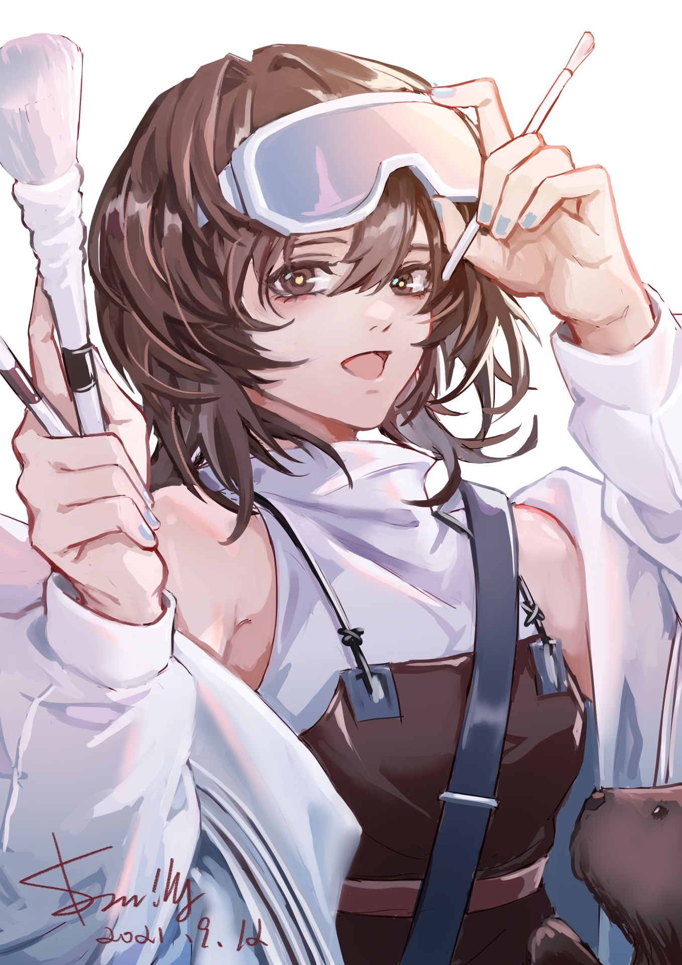 1girl :d adjusting_goggles animal arknights artist_name bare_shoulders blue_nails breasts brown_eyes brown_hair brown_overalls chancesmily dated dual_wielding goggles goggles_on_head hair_between_eyes hand_on_goggles highres holding holding_brush jacket looking_at_viewer makeup_brush off_shoulder open_clothes open_jacket open_mouth overalls roberta_(arknights) shirt short_hair simple_background sleeveless sleeveless_shirt small_breasts smile solo upper_body white_background white_jacket white_shirt