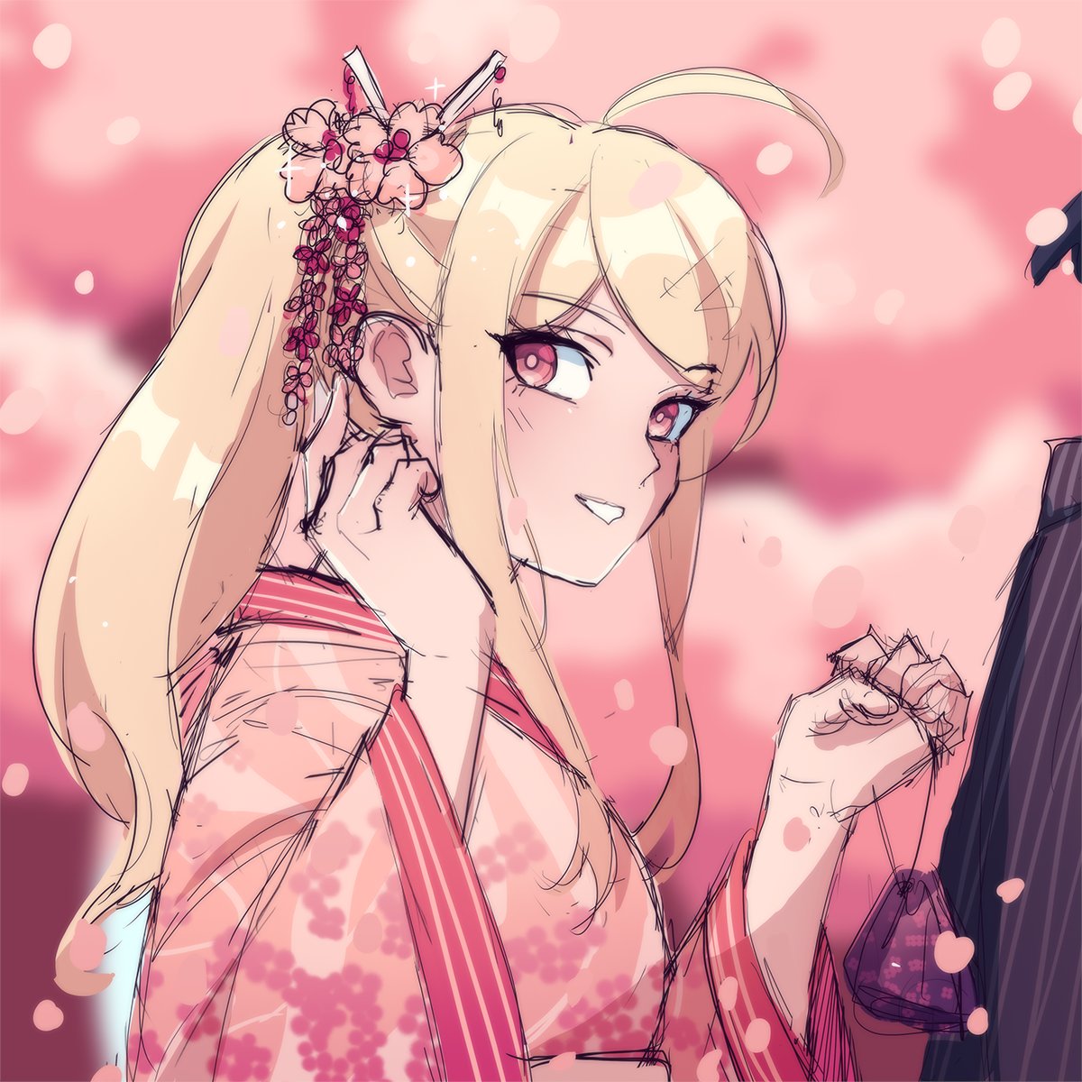 1boy 1girl ahoge akamatsu_kaede alternate_costume bag bangs black_kimono blonde_hair blurry blurry_background breasts cheer_(cheerkitty14) danganronpa_(series) danganronpa_v3:_killing_harmony flower hair_flower hair_ornament highres holding holding_bag japanese_clothes kimono long_hair medium_breasts petals pink_background pink_eyes pink_kimono ponytail saihara_shuuichi shiny shiny_hair sketch smile solo_focus striped striped_kimono teeth