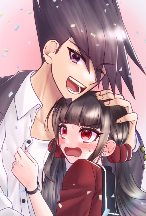 1boy 1girl ;d bangs blunt_bangs blush bracelet brown_hair collared_shirt commentary_request danganronpa_(series) danganronpa_v3:_killing_harmony eyebrows_visible_through_hair facial_hair fang goatee hair_ornament hair_scrunchie hand_on_another's_head harukawa_maki jacket jewelry long_hair long_sleeves low_twintails mole mole_under_eye momota_kaito one_eye_closed open_clothes open_mouth open_shirt red_eyes red_scrunchie red_shirt satori_(aosky9077) scrunchie shiny shiny_hair shirt smile spiky_hair teeth tongue twintails upper_body white_shirt