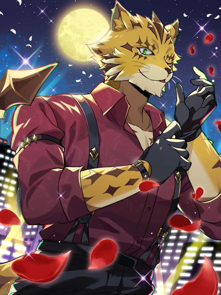 1boy adjusting_clothes adjusting_gloves animal_nose black_gloves black_pants brown_fur chromatic_aberration cityscape collared_shirt furry furry_male gloves green_eyes highres looking_at_viewer male_focus moon moonlight multicolored_fur night night_sky nizitarosan ose_(housamo) panther_boy panther_ears pants petals red_shirt rose_petals shirt sky smile snout solo sparkle suspenders tail tokyo_afterschool_summoners toned toned_male upper_body yellow_fur