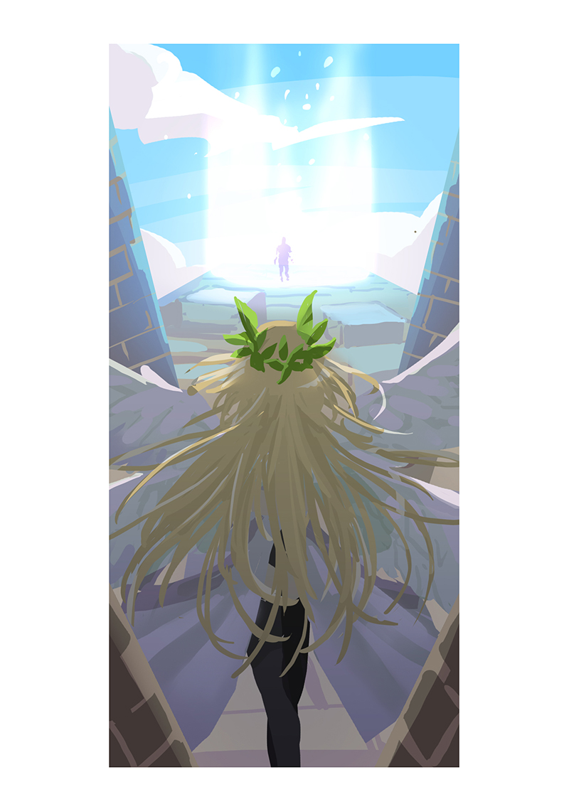 1girl 1other black_legwear blonde_hair blue_sky border clouds column commentary_request feet_out_of_frame laurel_crown long_hair multiple_wings pillar ragnarok_online sky thigh-highs valkyrie valkyrie_(ragnarok_online) white_border wings zhi_xie