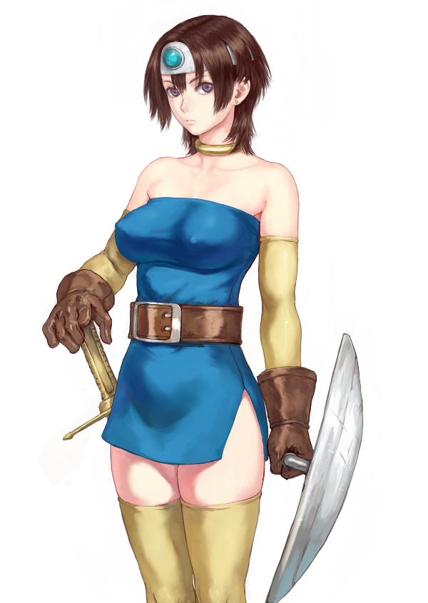 1girl arm_warmers bangs bare_shoulders belt blue_dress breasts brown_eyes brown_gloves brown_hair circlet closed_mouth collar collarbone commentary_request covered_nipples dragon_quest dragon_quest_iii dress earrings expressionless gloves hair_ornament holding jewelry looking_at_viewer medium_breasts roto shield short_dress short_hair shu-mai simple_background solo strapless strapless_dress sword thigh-highs thighs weapon white_background zettai_ryouiki
