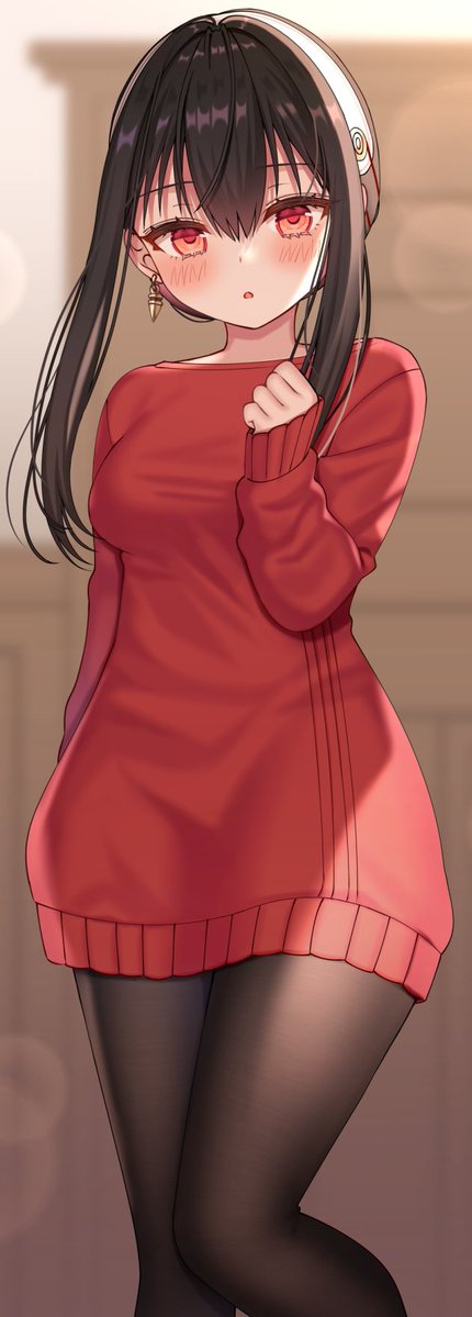 1girl black_hair black_legwear blush breasts commentary_request cowboy_shot dress earrings focused gold_earrings gold_hairband indoors izumo_neru jewelry lens_flare looking_at_viewer pantyhose red_eyes red_sweater short_hair_with_long_locks sleeves_past_wrists solo spy_x_family sweater sweater_dress yor_briar