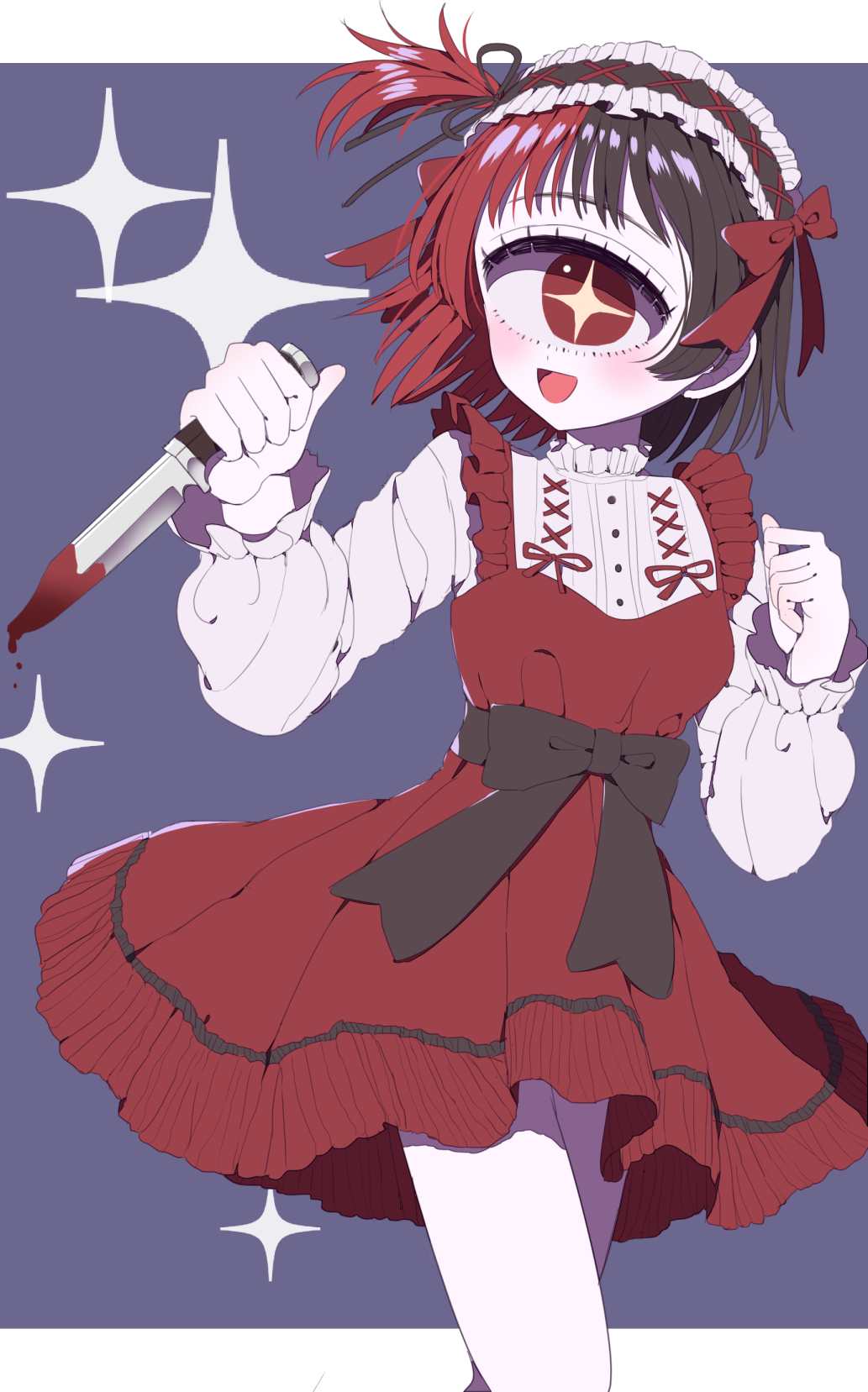 +_+ 1girl :d azen_(mntimcczgrtn) bangs black_hair blood blood_on_knife blush bow cyclops dress frills hair_ribbon hairband highres holding holding_knife knife lolita_fashion lolita_hairband long_sleeves looking_at_viewer monster_girl multicolored_hair one-eyed original pinafore_dress red_eyes redhead ribbon short_hair side_ponytail smile solo split-color_hair two-tone_hair walking