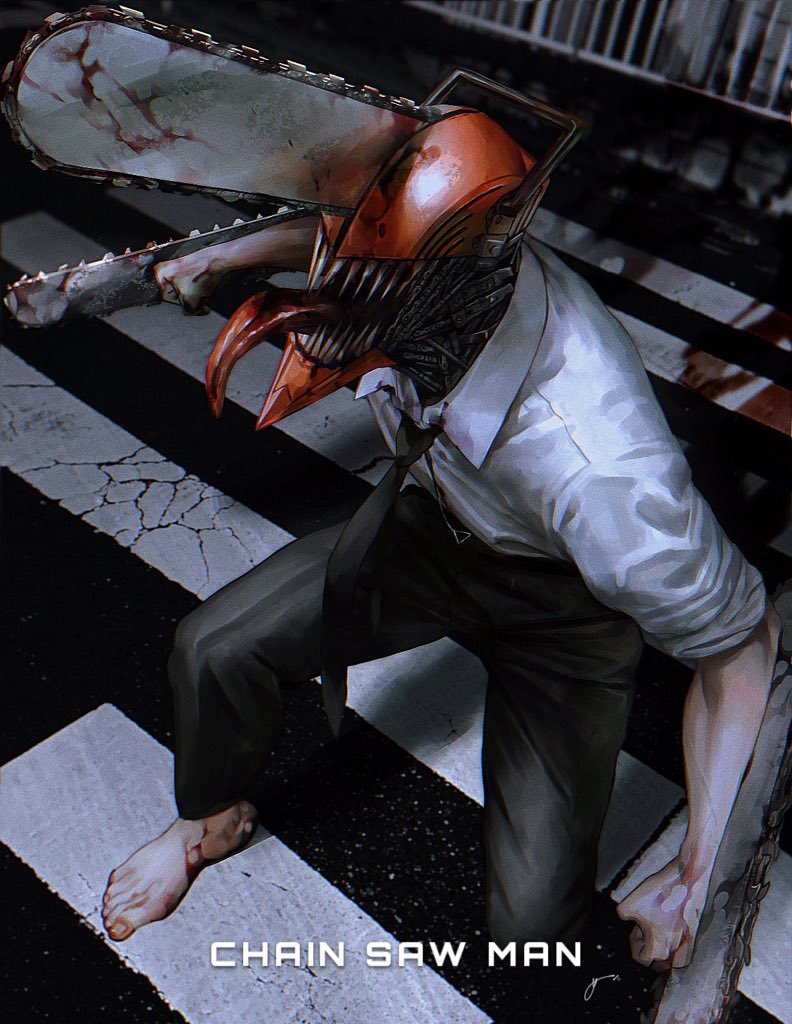1boy barefoot black_necktie black_pants blood blood_on_feet blood_on_hands blood_on_weapon chainsaw chainsaw_man denji_(chainsaw_man) hybrid k041800 looking_up monster necktie no_shoes open_mouth pants road sharp_teeth solo standing street teeth tongue tongue_out weapon