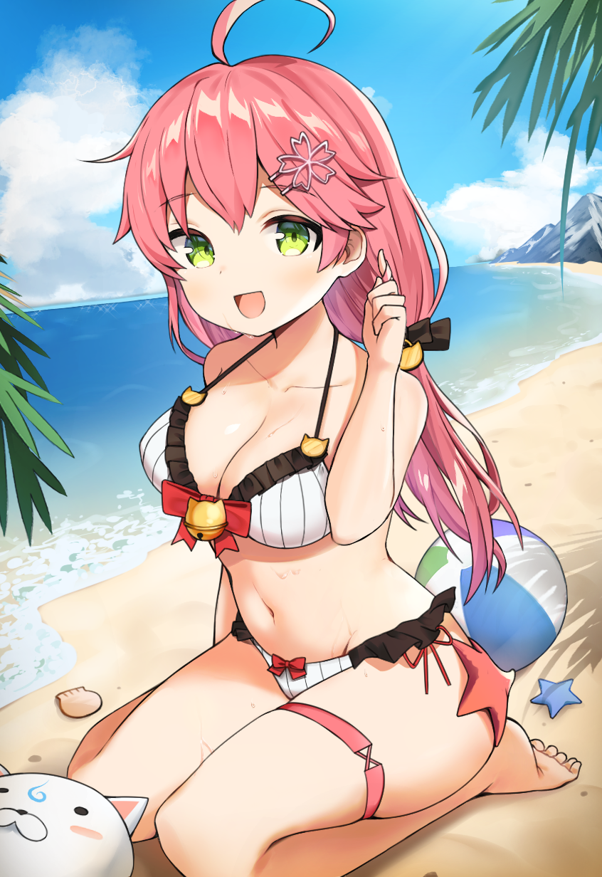 1girl ahoge bangs beach bell bikini blush breasts eyebrows_visible_through_hair green_eyes hair_bell hair_between_eyes hair_ornament hairclip highres hololive long_hair looking_at_viewer mearyo ocean one_side_up open_mouth palm_tree pink_hair sakura_miko sand smile solo swimsuit tree virtual_youtuber x_hair_ornament