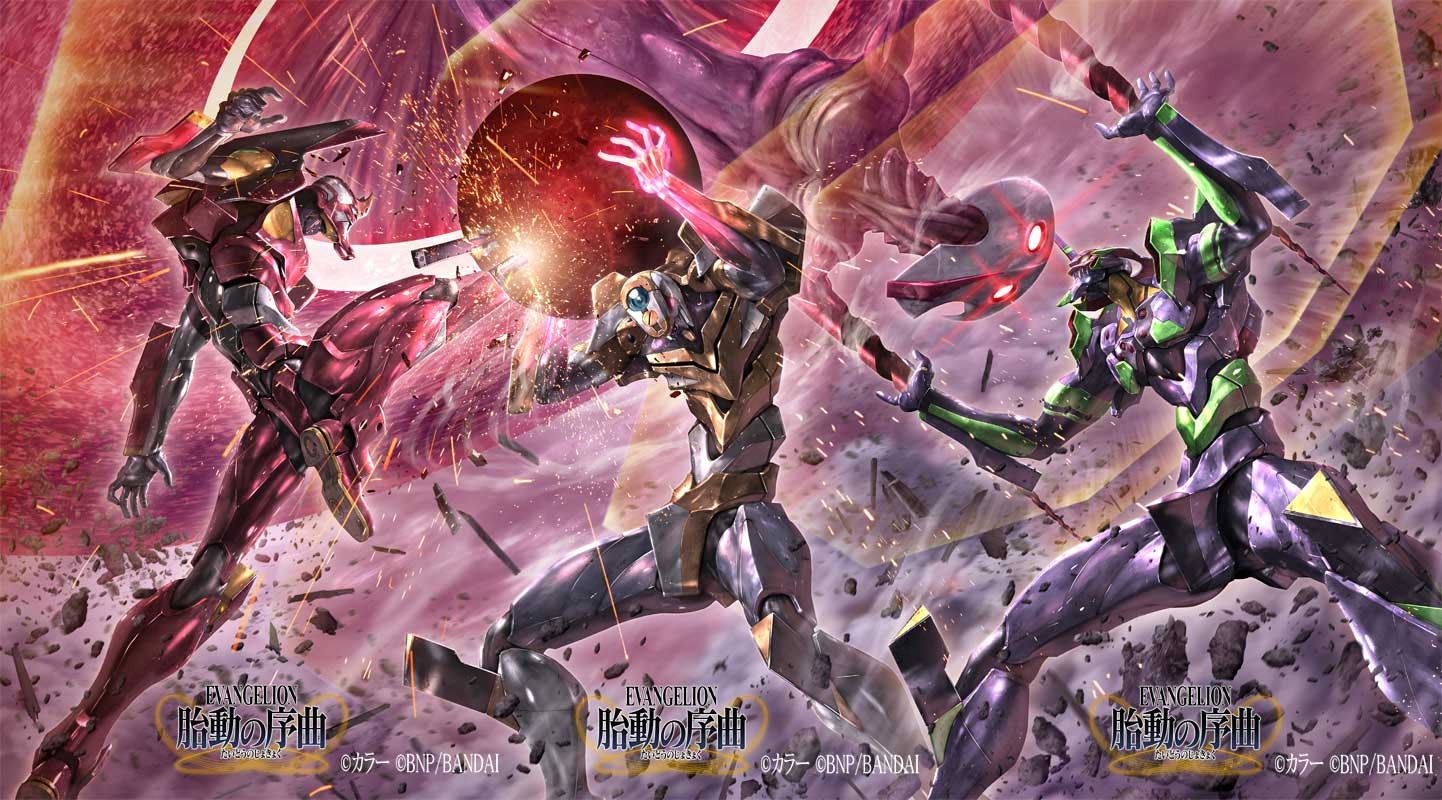 at_field battle_spirits copyright_name eva_00 eva_01 eva_02 glowing glowing_eyes glowing_hand green_eyes head_tilt horns kicking kneeing logo looking_down looking_up mecha morishita_naochika neon_genesis_evangelion no_humans official_art open_hands orange_eyes orb red_eyes science_fiction single_horn sparks