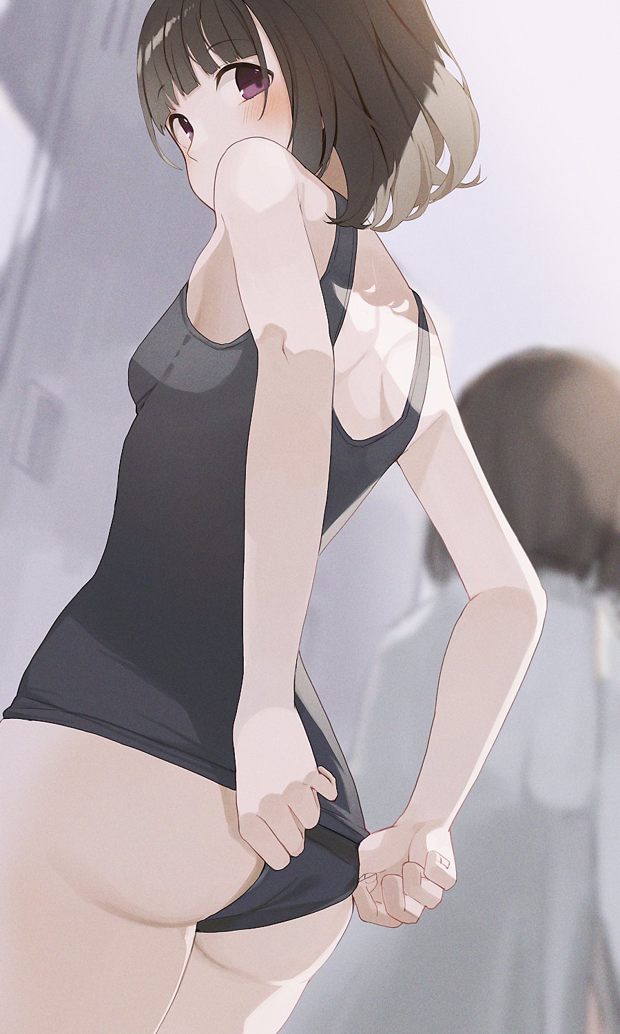 adjusting_clothes adjusting_swimsuit arms_behind_back ass back blue_swimsuit blurry blurry_background blush breasts brown_hair commentary_request extra eyebrows_visible_through_hair highres hiroki_(yyqw7151) locker locker_room looking_back original school_swimsuit school_swimsuit_flap short_hair small_breasts solo_focus swimsuit thick_thighs thighs violet_eyes