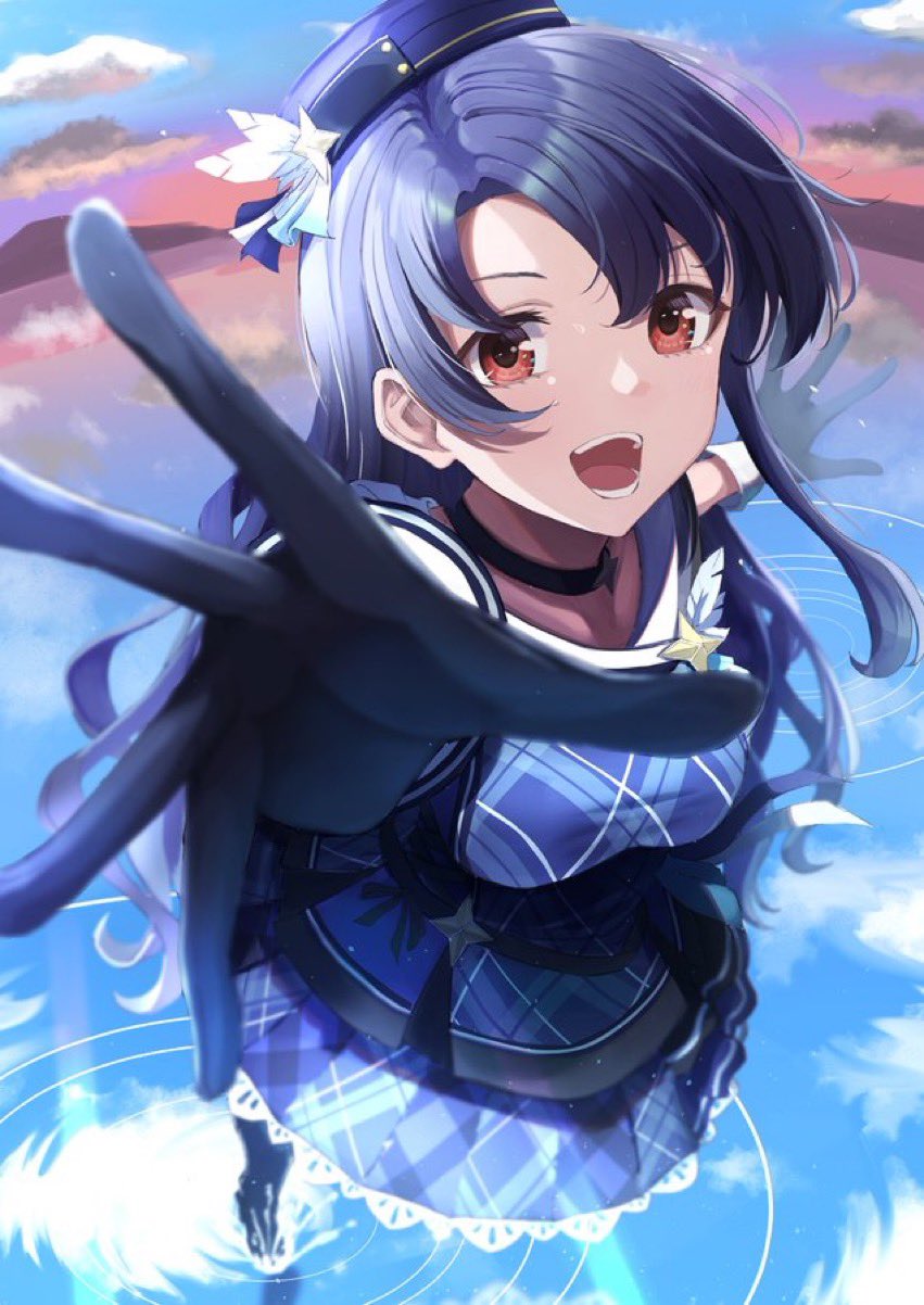 1girl bangs black_gloves black_hair choker dress fisheye gloves highres idolmaster idolmaster_million_live! idolmaster_million_live!_theater_days long_hair looking_at_viewer marishiten_(mar1sh110) open_mouth outstretched_arm outstretched_hand plaid plaid_dress red_eyes ripples smile solo standing standing_on_liquid takayama_sayoko water
