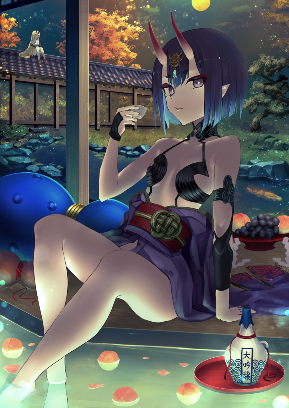 2girls alcohol bangs bare_shoulders bob_cut bottle breasts bridal_gauntlets collarbone eyeliner fate/grand_order fate_(series) food fruit full_moon gourd grapes headpiece highres horns ibaraki_douji_(fate) japanese_clothes kaze_minoru_so-ru kimono looking_at_viewer makeup moon multiple_girls night night_sky obi off_shoulder oni oni_horns peach pointy_ears purple_hair purple_kimono revealing_clothes sake sash short_hair shuten_douji_(fate) sitting skin-covered_horns sky small_breasts solo solo_focus tree violet_eyes water