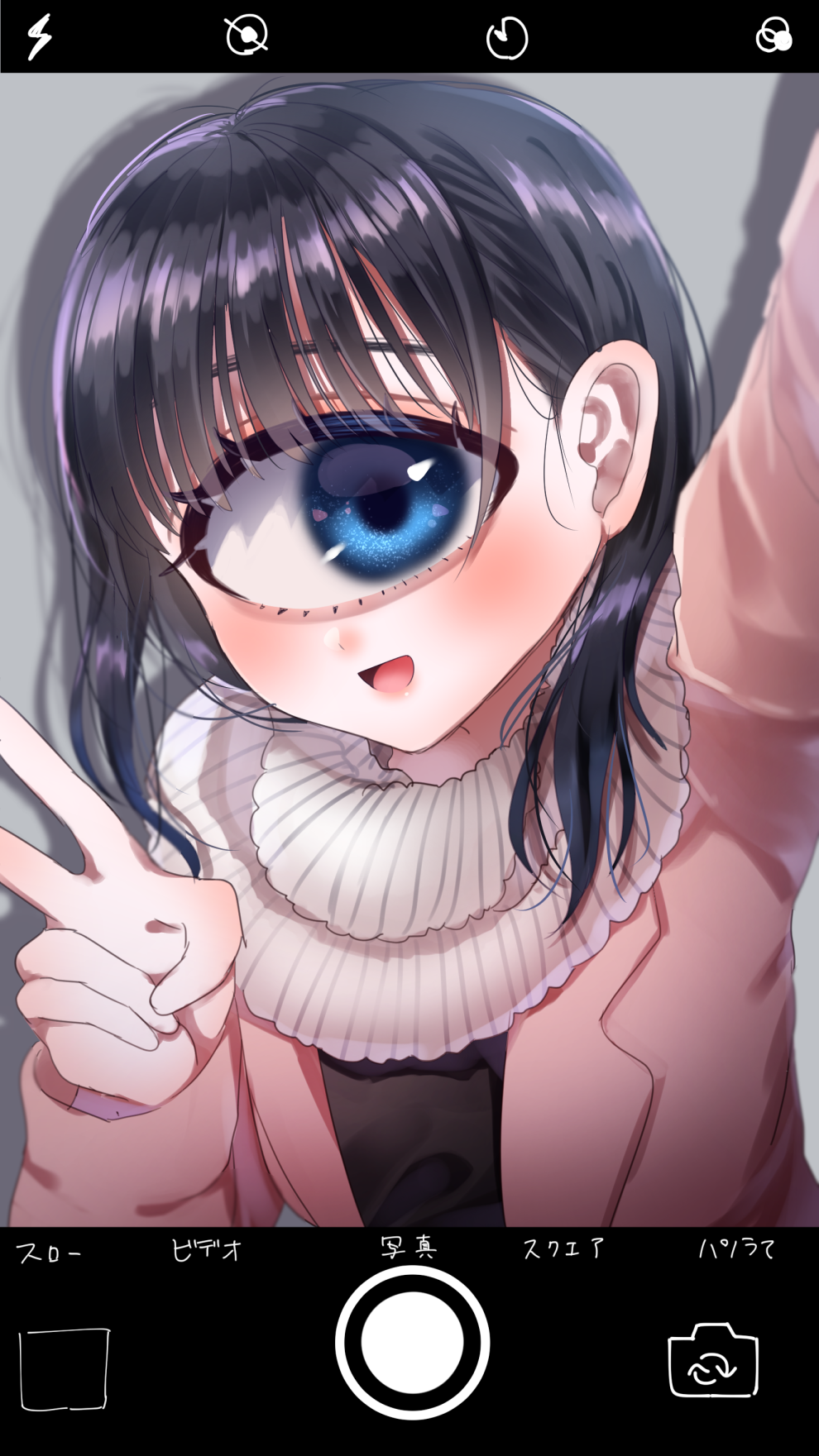 1girl :d arm_up bangs black_hair blazer blue_eyes blush coat cyclops enpera hair_behind_ear highres jacket long_sleeves looking_away mntimccz monster_girl one-eyed original phone_screen scarf selfie smile solo v