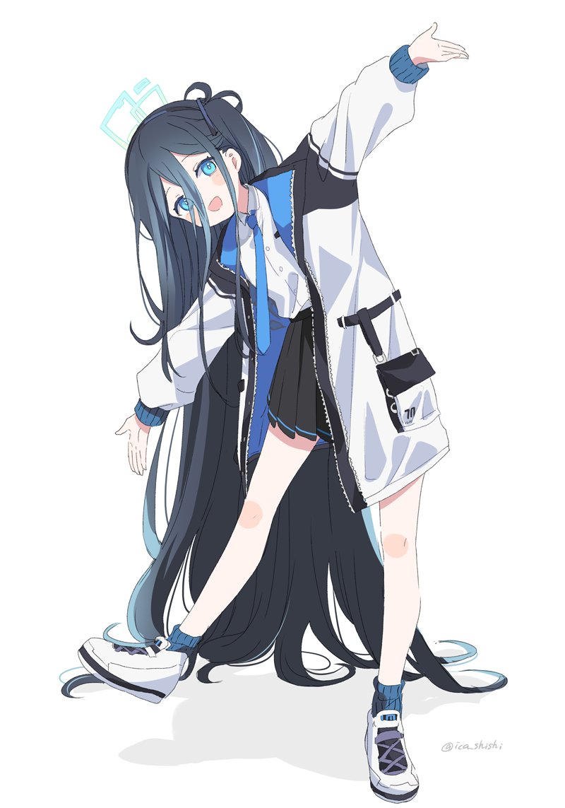 arisu_(blue_archive) bangs black_hair black_skirt blue_archive blue_eyes blue_legwear blue_necktie blush_stickers buttons coat commentary_request eyebrows_visible_through_hair flat_chest full_body hair_between_eyes halo ica leg_up long_hair long_sleeves looking_at_viewer necktie open_mouth outstretched_arms pleated_skirt pocket pose shirt shoes skirt smile sneakers socks solo very_long_hair white_background white_coat white_footwear white_shirt wing_collar
