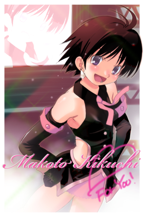 1girl :d antenna_hair bare_shoulders black_hair blurry blurry_background blush border character_name commentary_request depth_of_field earrings elbow_gloves english_text gloves gothic_princess_(idolmaster) hand_on_hip heart idolmaster idolmaster_(classic) jewelry kikuchi_makoto looking_at_viewer miniskirt open_mouth seguchi_takahiro short_hair skirt sleeveless smile solo violet_eyes white_border