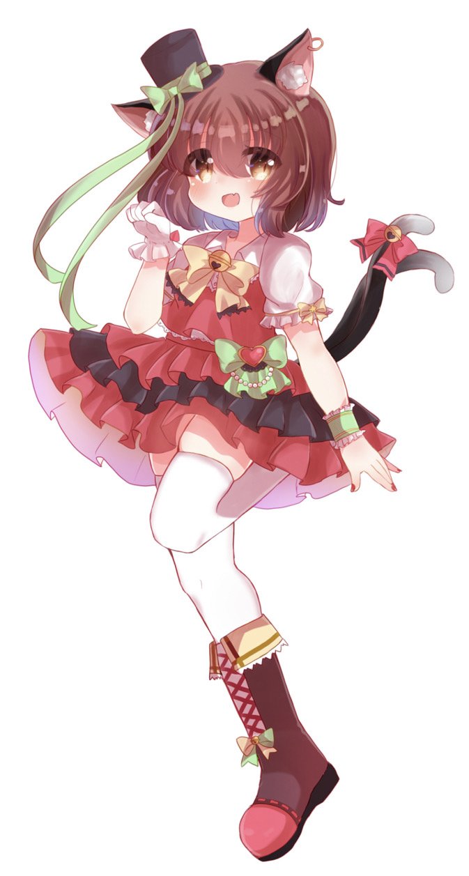 1girl :d adapted_costume animal_ear_fluff animal_ears bell boots bow bowtie brown_eyes brown_hair cat_ears cat_tail chen dress earrings fang full_body gloves green_headwear hachinohe_haru hat highres jewelry jingle_bell looking_at_viewer mob_cap multiple_tails nekomata open_mouth puffy_short_sleeves puffy_sleeves red_bow red_dress red_skirt ribbon shirt short_sleeves simple_background single_earring skin_fang skindentation skirt smile solo standing standing_on_one_leg tail tail_bell tail_ornament thigh-highs touhou white_background white_gloves white_legwear white_shirt