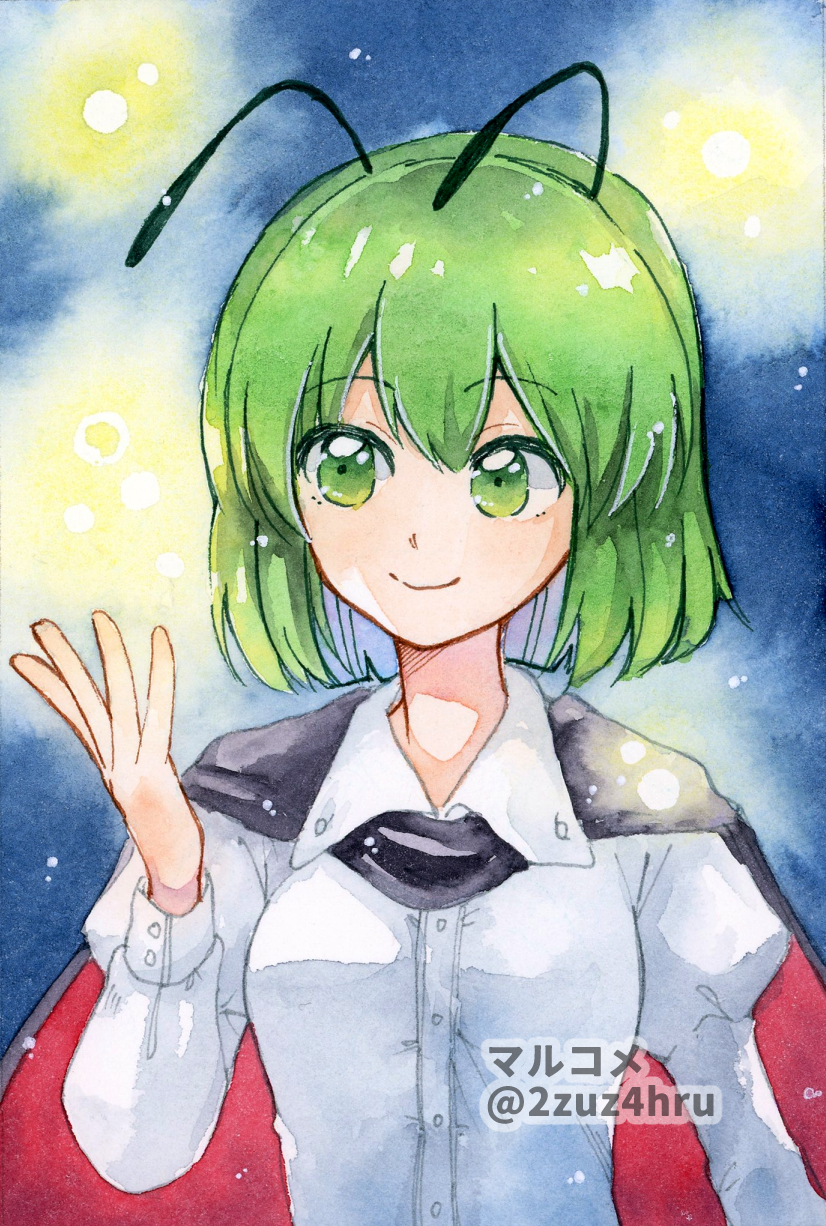 1girl 2zuz4hru antennae bangs black_cape breasts cape closed_mouth collared_shirt commentary_request eyebrows_visible_through_hair fireflies green_eyes green_hair hair_between_eyes highres long_sleeves looking_to_the_side painting_(medium) red_cape shirt short_hair small_breasts smile solo touhou traditional_media two-sided_cape two-sided_fabric upper_body watercolor_(medium) white_shirt wriggle_nightbug