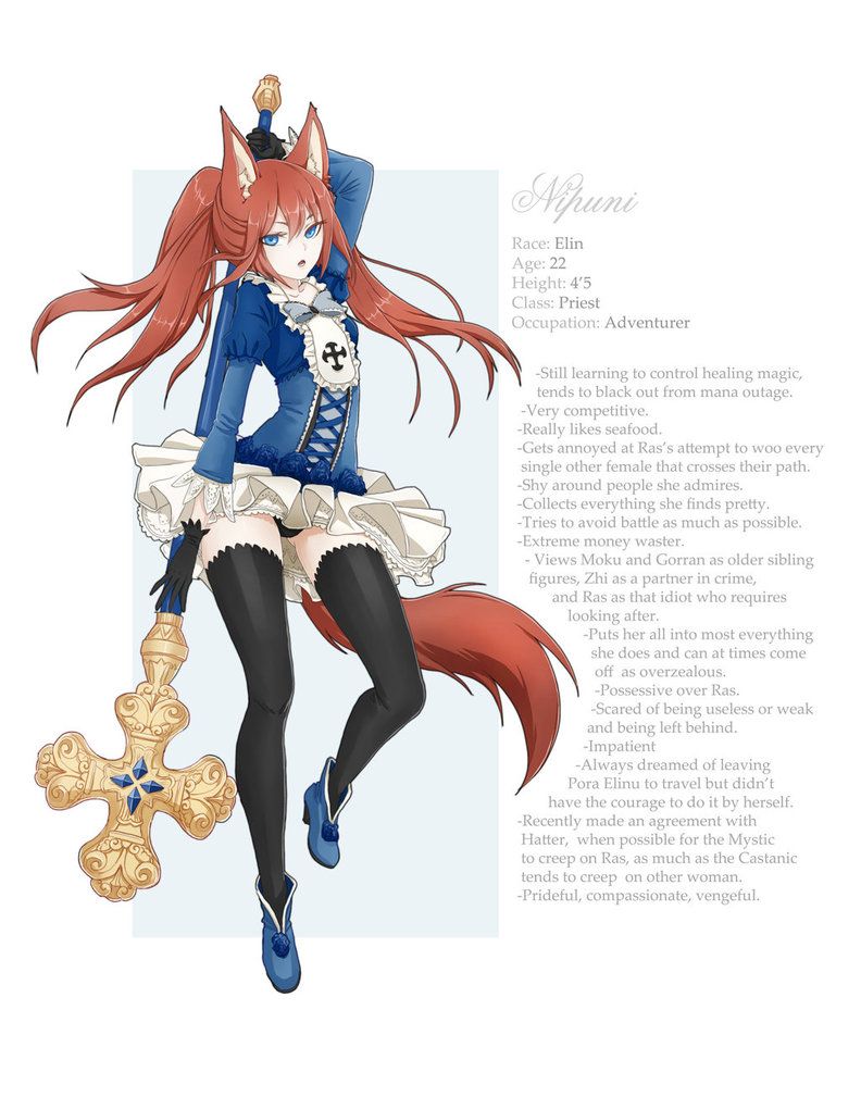 1girl animal_ears black_gloves black_legwear black_panties blue_eyes character_name character_sheet elin english_text fox_ears fox_tail full_body gloves holding holding_staff long_sleeves looking_at_viewer nipuni original panties priest_(tera_online) simple_background solo staff standing tail tera_online thigh-highs twintails underwear white_background