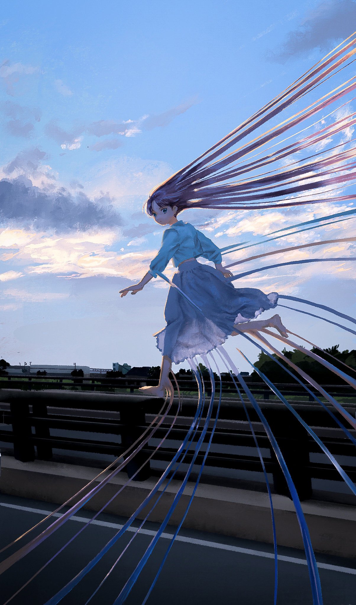 1girl bangs barefoot blue_eyes blue_skirt blue_sweater brown_hair clouds day from_behind highres kwgt long_hair long_sleeves looking_at_viewer looking_back on_railing original outdoors photo_background road running see-through_silhouette skirt solo straight_hair street surreal sweater turtleneck turtleneck_sweater very_long_hair