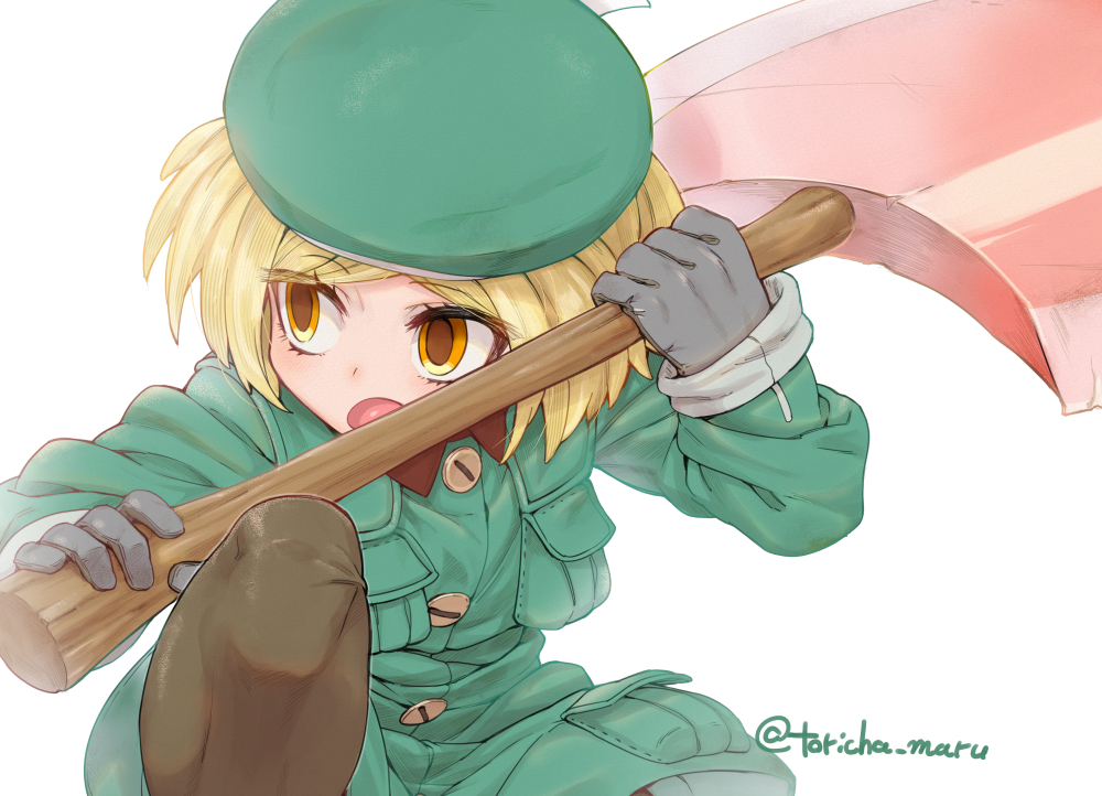 1girl axe bangs beret blonde_hair blush breasts brown_gloves brown_legwear coat fate/grand_order fate_(series) gloves green_coat green_headwear hat long_sleeves looking_to_the_side open_mouth pantyhose parted_bangs paul_bunyan_(fate) short_hair small_breasts solo thighs torichamaru yellow_eyes