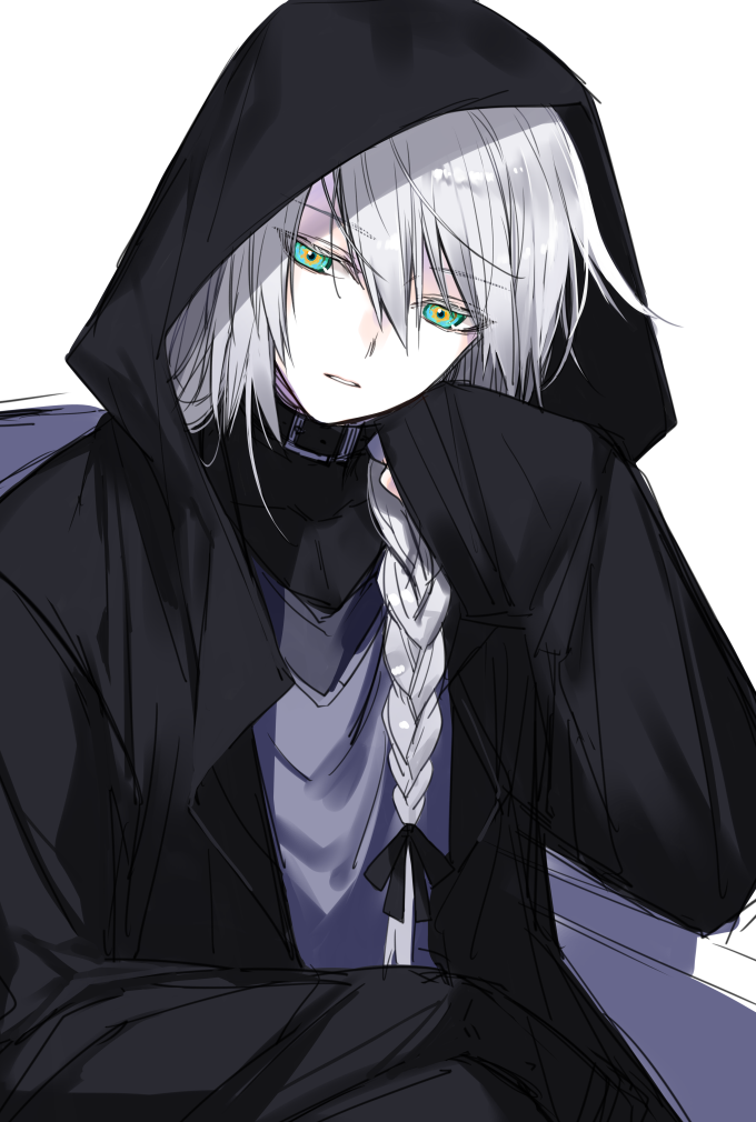 1boy androgynous bangs black_coat blue_eyes braid choker coat covered_collarbone eyelashes grey_hair hair_between_eyes hair_over_shoulder hand_up head_tilt hood hood_up hooded_coat long_hair long_sleeves looking_afar male_focus motion_blur multicolored_eyes original parted_lips simple_background single_braid sketch sleeves_past_fingers sleeves_past_wrists solo waka_(shark_waka) white_background yellow_eyes