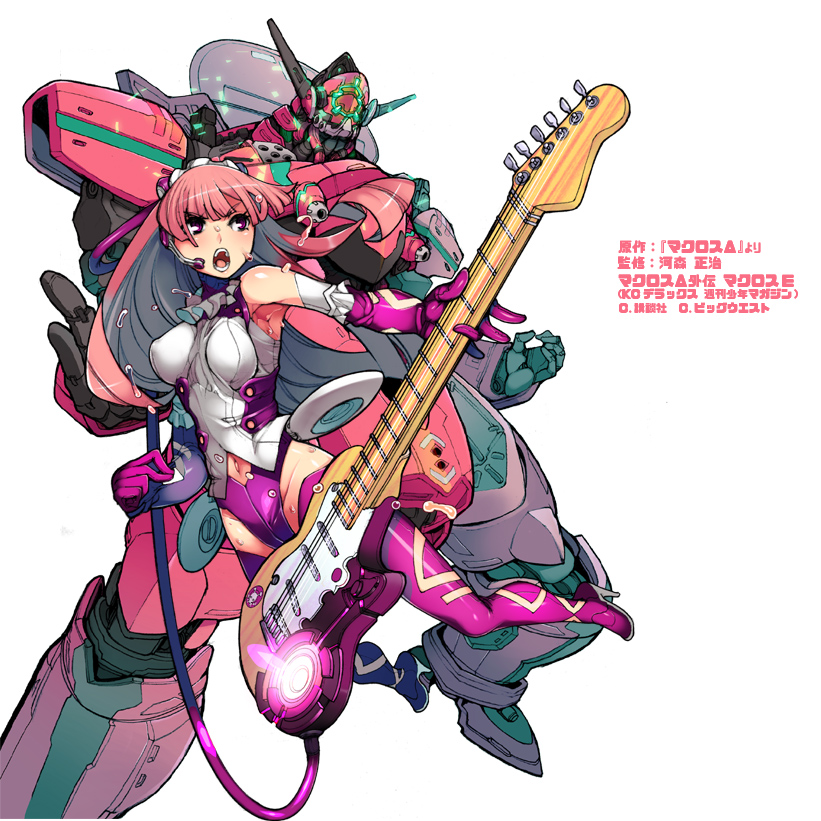 1girl bangs boots breasts copyright_name cover cover_image cover_page covered_nipples elbow_gloves extra_eyes floating_hair gloves glowing glowing_eyes green_eyes guitar high_heel_boots high_heels holding holding_instrument ichimonji_kei instrument long_hair looking_ahead macross macross_delta macross_e manga_cover mecha medium_breasts navel official_art open_hands pink_hair pirika_polywanov purple_footwear purple_gloves science_fiction thigh-highs thigh_boots variable_fighter vf-171ex white_background