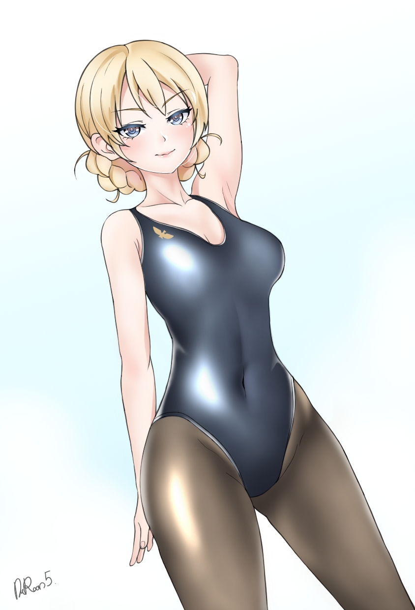 1girl arm_behind_head arm_up artist_name bangs black_legwear blonde_hair blue_eyes blue_swimsuit blush braid closed_mouth commentary_request covered_navel cowboy_shot darjeeling_(girls_und_panzer) daroon5 dutch_angle girls_und_panzer half-closed_eyes highres korean_commentary looking_at_viewer mixed-language_commentary one-piece_swimsuit pantyhose pantyhose_under_swimsuit partial_commentary school_swimsuit short_hair signature smile solo standing swimsuit twin_braids