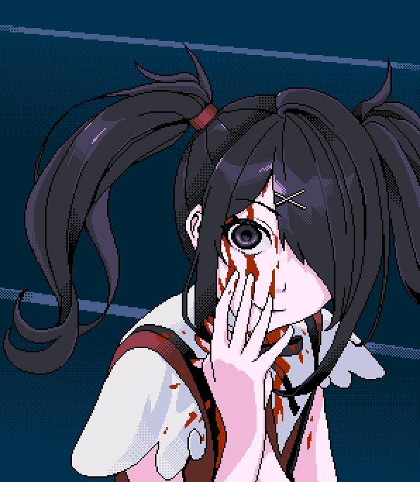 1girl ame-chan_(needy_girl_overdose) black_eyes black_hair black_ribbon blood blood_on_clothes blood_on_face blood_stain eencya english_commentary hair_ornament hair_over_one_eye hand_on_own_cheek hand_on_own_face long_hair looking_at_viewer neck_ribbon needy_girl_overdose perfect_blue pixel_art ribbon scene_reference short_sleeves solo suspenders twintails upper_body x_hair_ornament