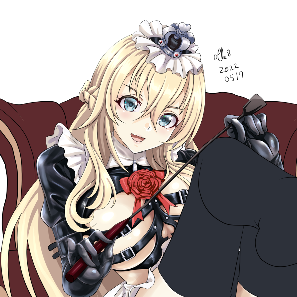 1girl :d black_gloves black_legwear blonde_hair blush bondage_outfit breasts fang frills gloves kantai_collection long_hair looking_at_viewer smile solo thigh-highs tk8d32 warspite_(kancolle) whip