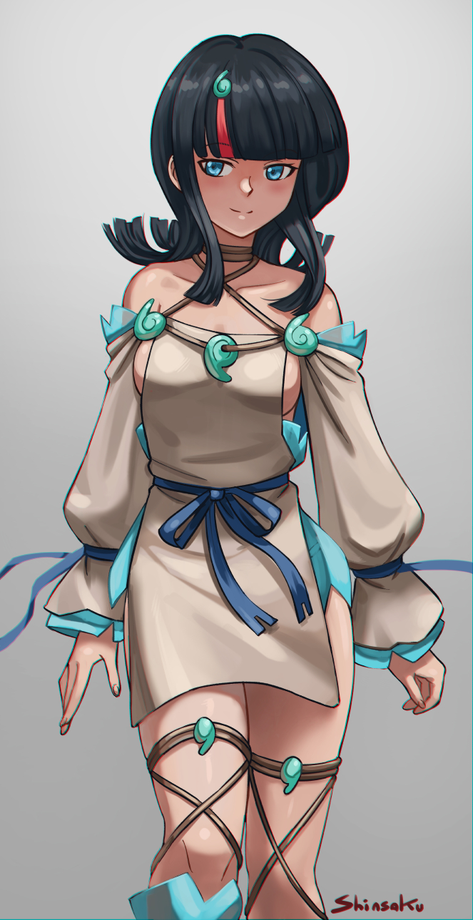 1girl bangs bare_shoulders black_hair blue_eyes blue_ribbon blush breasts collarbone detached_leggings dress fate/grand_order fate/requiem fate_(series) fundoshi highres japanese_clothes jewelry large_breasts long_sleeves looking_at_viewer magatama magatama_hair_ornament magatama_necklace medium_hair multicolored_hair necklace pelvic_curtain pink_hair puffy_long_sleeves puffy_sleeves ribbon shinsaku_(stan-art) short_dress sideboob sideless_outfit sidelocks smile solo streaked_hair thighs utsumi_erice white_dress