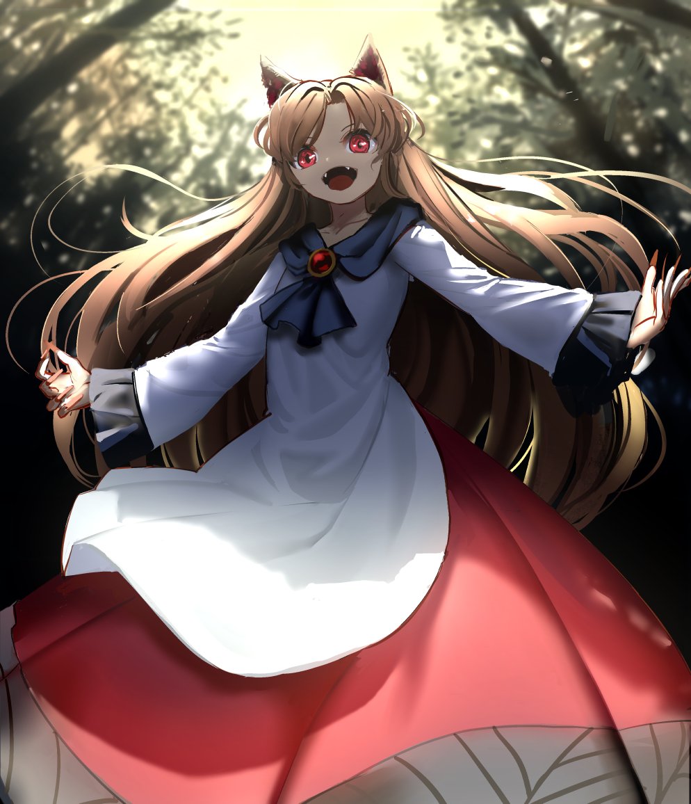 1girl :d animal_ear_fluff animal_ears bamboo bangs brooch brown_hair brown_nails collarbone commentary dress eyebrows_behind_hair fang fingernails floating_hair frilled_sleeves frills imaizumi_kagerou jewelry long_fingernails long_hair long_sleeves looking_at_viewer multicolored_clothes multicolored_dress open_mouth outstretched_arms parted_bangs red_dress red_eyes smile solo suna_(s73d) touhou very_long_hair white_dress wolf_ears