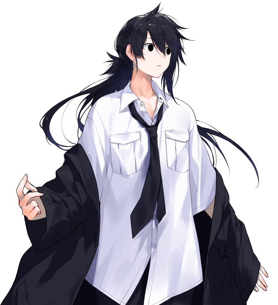 1boy bangs black_eyes black_hair black_jacket black_necktie breast_pocket collared_shirt dress_shirt hair_between_eyes jacket long_sleeves looking_away looking_to_the_side male_focus necktie off_shoulder open_clothes open_jacket original parted_lips pocket ponytail shirt sidelocks simple_background solo surprised swept_bangs untucked_shirt upper_body waka_(shark_waka) white_background white_shirt wide-eyed